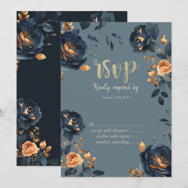 Navy Blue Flowers Gold Blätter UAWG Einladung (Vorne/Hinten)