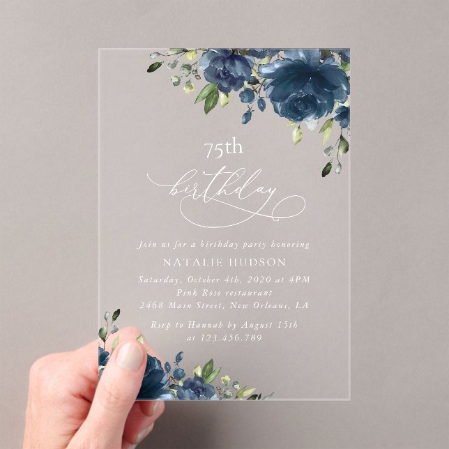 Navy Blue Flowers, Greenery, Boho, Any Birthday Acryleinladungen (Insitu (Handheld))