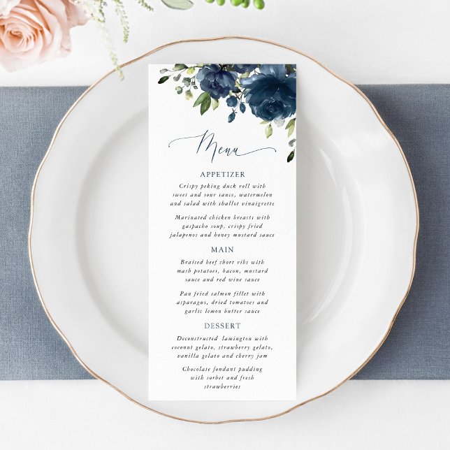Navy Blue Flowers, Greenery, Bridal Shower Menu Menükarte (Von Creator hochgeladen)