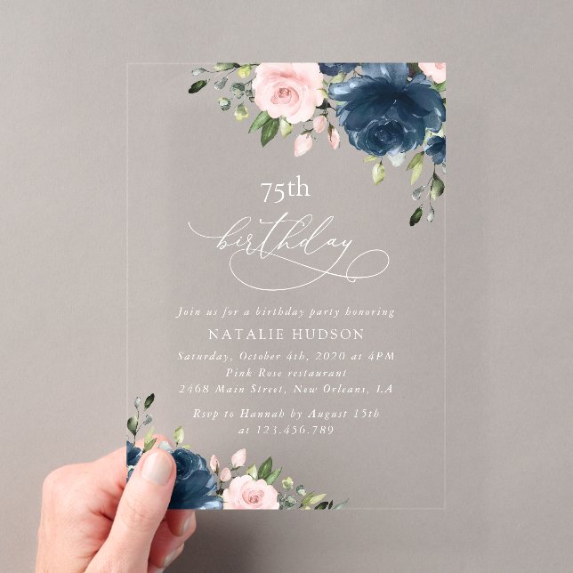 Navy Blue Flowers, Pink Flowers, Boho, Birthday Acryleinladungen (Insitu (Handheld))