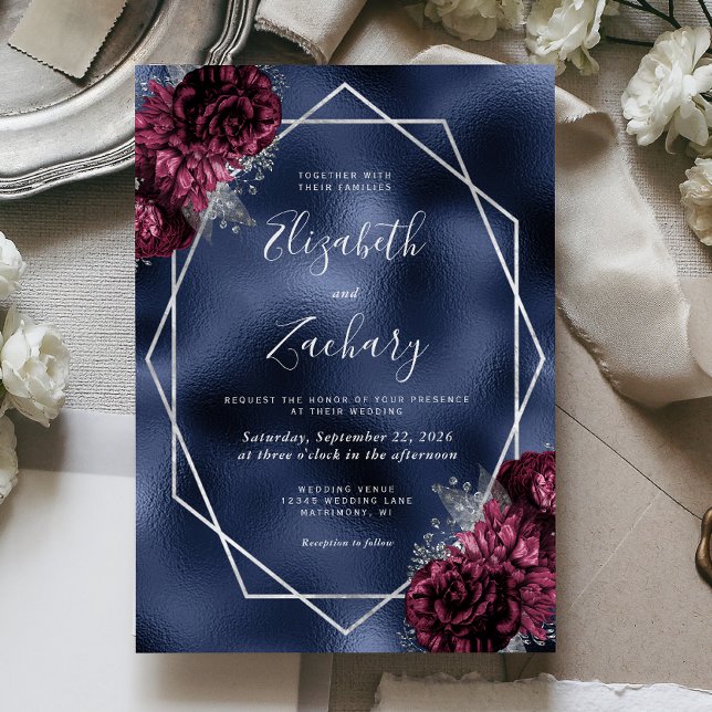 Navy Blue Foil Burgundy Silver Floral Wedding Einladung (Von Creator hochgeladen)