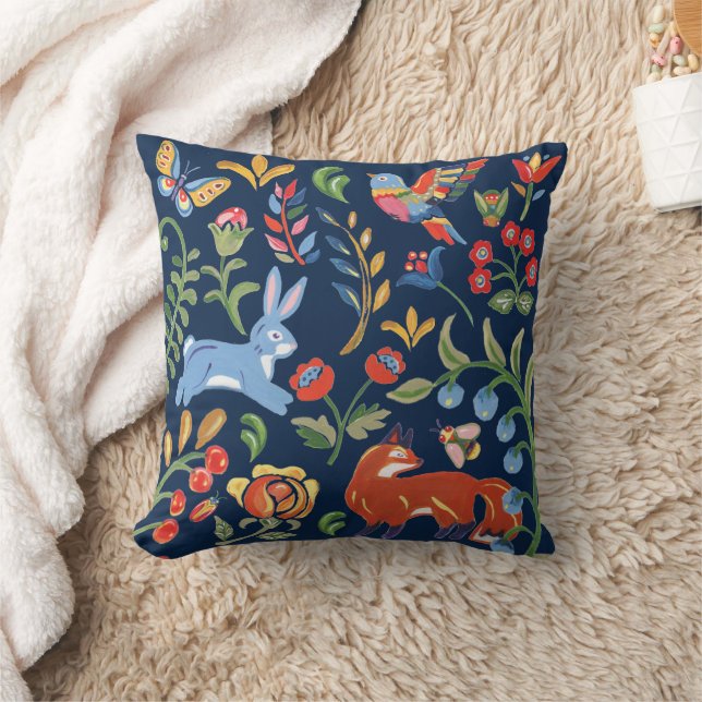 Navy Blue Folk Art Woodland Tierblumendekor Kissen (Decke)