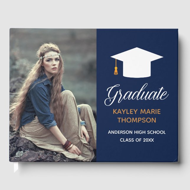 Navy Blue Foto 2023 Graduation Party Autograph Gästebuch (Vorderseite)