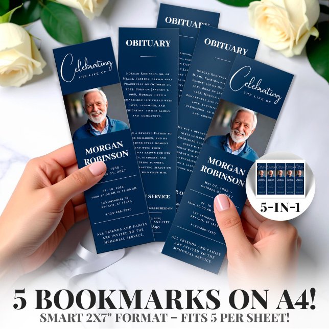Navy Blue Foto 2x7" DIY Beerdigung Lesezeichen Tem (Celebration of Life,Obituary,Photo  Nevy Blue Foto 2x7" DIY Funeral Bookmark Template)