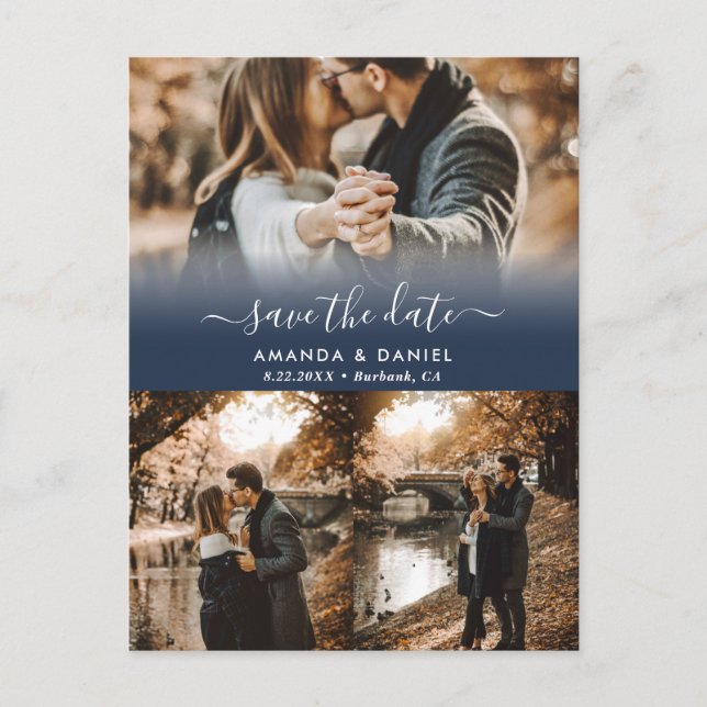 Navy Blue Foto Collage Save the Date Postkarten (Vorderseite)