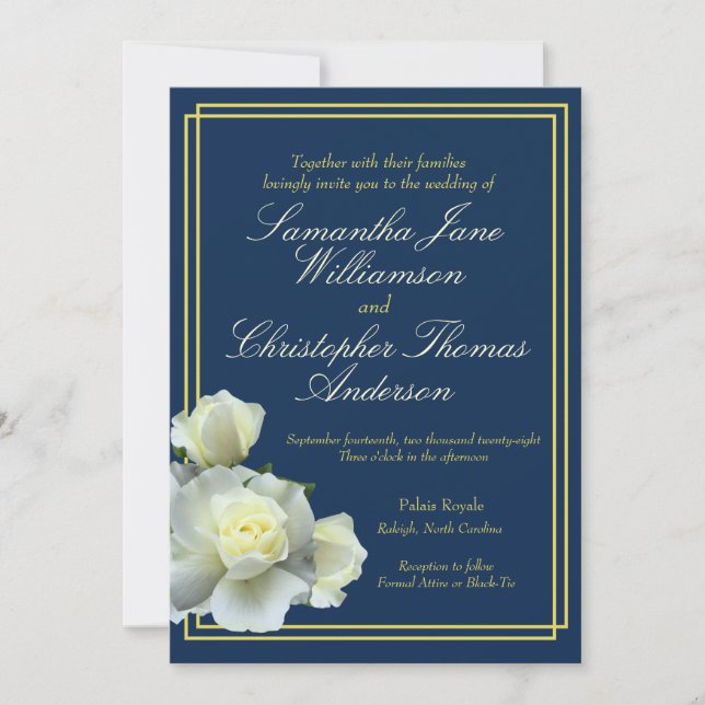 Navy Blue Foto Elegantes Gold Script Weiße Rose Einladung (Vorderseite)