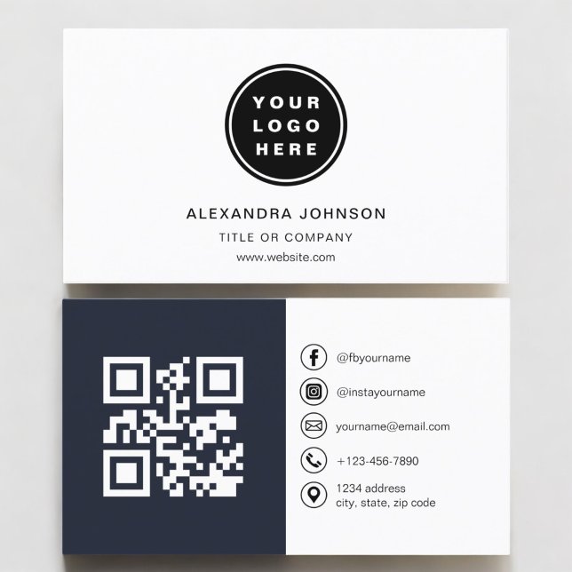 Navy Blue Foto mit QR Code Social Media Visitenkarte (Von Creator hochgeladen)