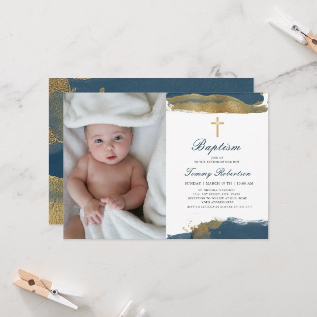 Navy Blue Foto | Taufe Boy Golden Einladung (Vorderseite/Rückseite Beispiel)