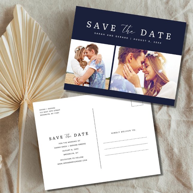 Navy Blue Foto Wedding Save the Date Ankündigungspostkarte (Von Creator hochgeladen)