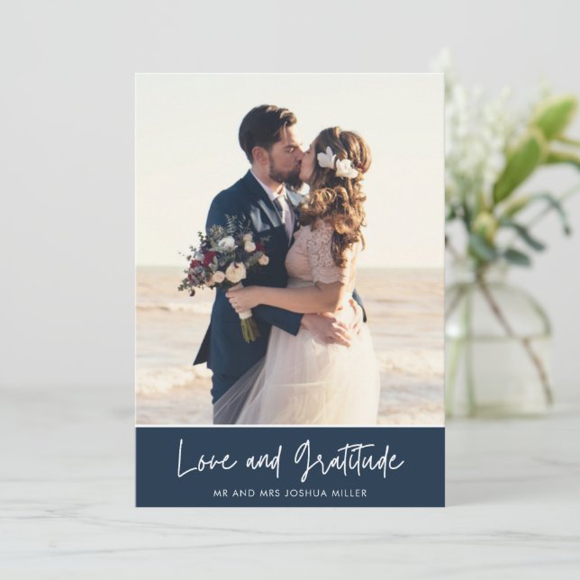 Navy Blue Foto Wedding Vielen Dank Dankeskarte (Stehend Vorderseite)