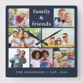 Navy-Blue-Fotocollage Familie Freunde Quadratische Wanduhr