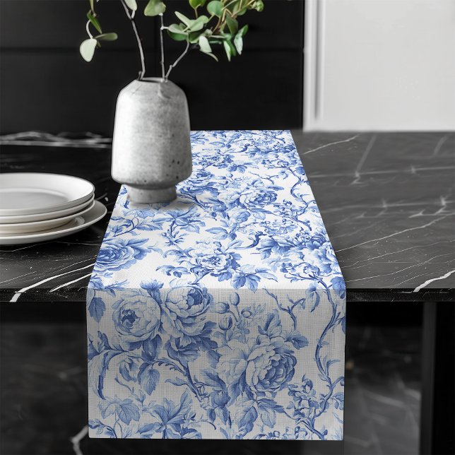 Navy Blue French Toile Roses Floral Table Runner Großer Tischläufer (Navy Blue French Toile Roses Floral Table Runner)