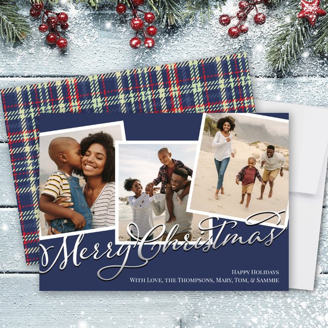 Navy Blue Frohe Weihnachten Karierte FotoCollage (Merry Christmas Navy Blue Plaid Multi Photo Holiday Card)