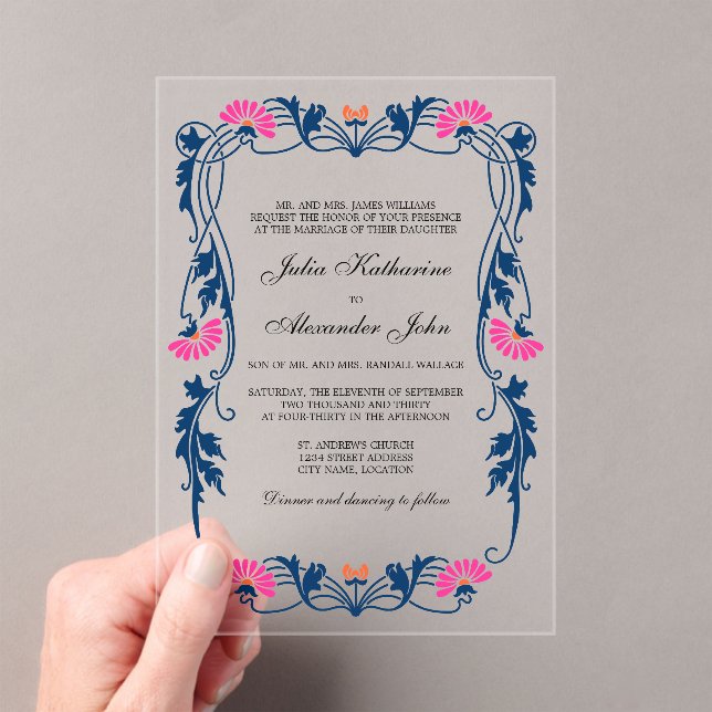 Navy Blue & Fuchsia Floral Wirbel Acryleinladungen (Insitu (Handheld))