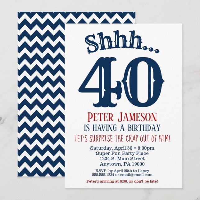 Navy Blue Funny Men's Surprise Party Einladung (Vorne/Hinten)
