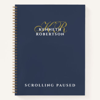 Navy Blue Funny Monogram Gold White Minimalist Men Notizbuch