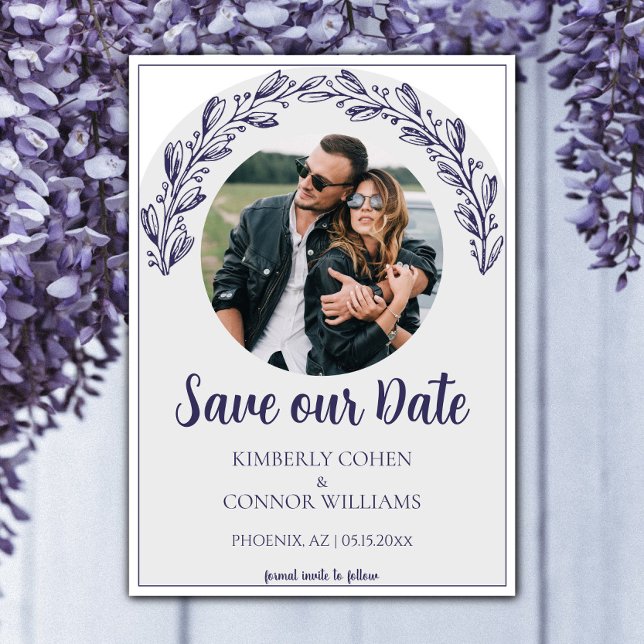 Navy Blue Garland Foto Save the Date (Navy Garland Photo Save the Date)