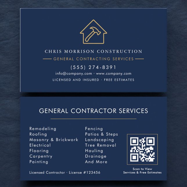 Navy Blue General Contractor QR Code Visitenkarte (Von Creator hochgeladen)