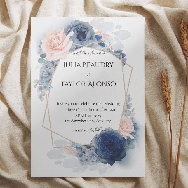 Navy Blue Geometric Floral Wedding Invitation Einladung (Von Creator hochgeladen)