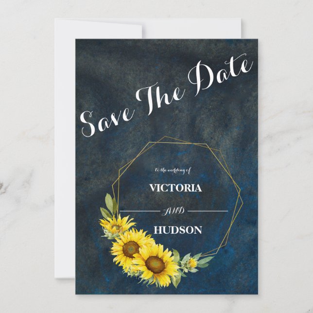 Navy Blue & Geometric Gold Sonnenblumen Save The Date (Vorderseite)