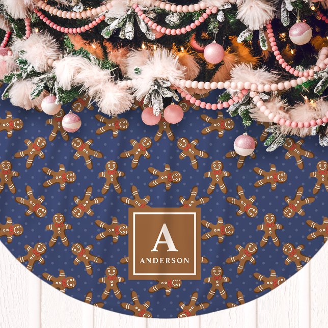 Navy Blue Gingerbrot Man Monogram Christmas Polyester Weihnachtsbaumdecke (Von Creator hochgeladen)