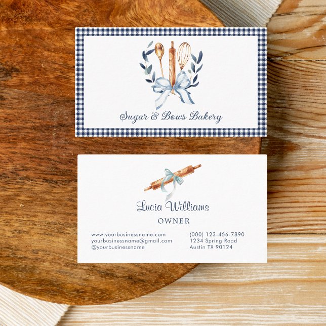Navy Blue Gingham Coquette Bow Utensils Bakery Visitenkarte (Navy Blue Coquette bow Utensils cooking business card)
