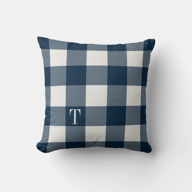 Navy Blue Gingham Kariert Mit Monogramm Kissen (Vorderseite)