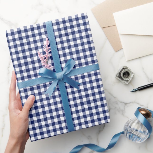 Navy-Blue-Gingham-Karomuster Geschenkpapier (Schenken)