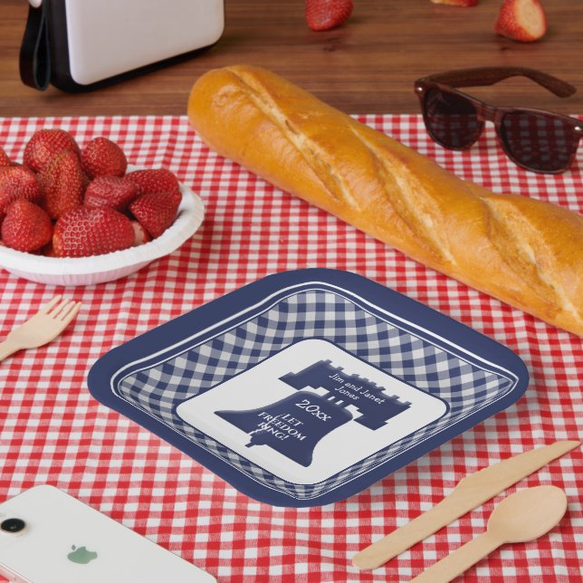Navy Blue Gingham Liberty Bell Lasse Freiheitsring Pappteller (Picknick)