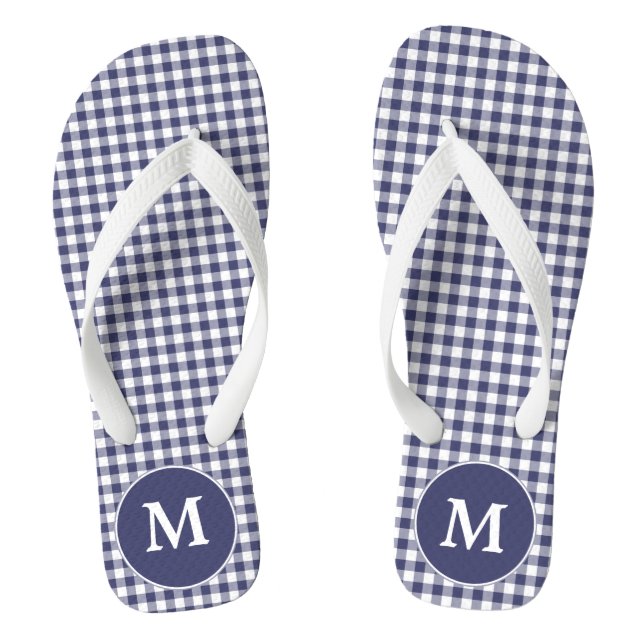 Navy Blue Gingham Mit Monogramm Flip Flops (Fußbett)