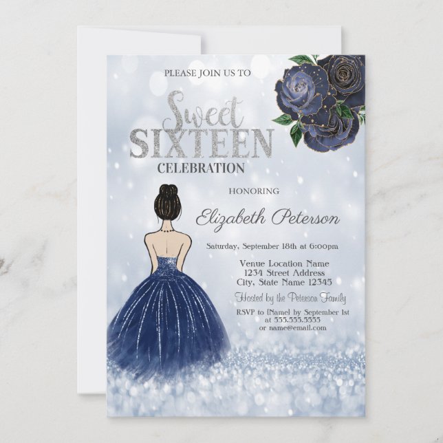 Navy Blue Girl Dress Glitzer Bokeh Sweet 16 Einladung (Vorderseite)