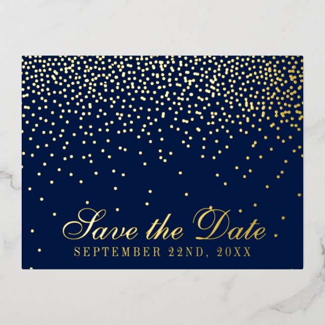 Navy Blue & Glam Confetti Save the Date Real Folie Einladungspostkarte (Vorderseite)