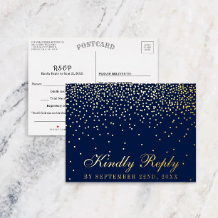 Navy Blue & Glam Confetti Wedding RSVP Real Folie Einladungspostkarte