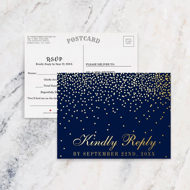 Navy Blue & Glam Confetti Wedding RSVP Real Folie Einladungspostkarte (Von Creator hochgeladen)