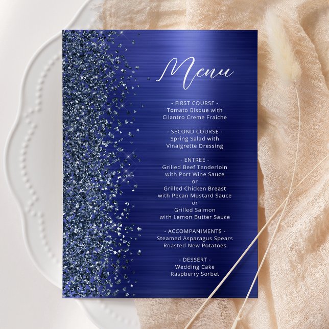 Navy Blue Glam Glitter Script Wedding Menükarte (Von Creator hochgeladen)