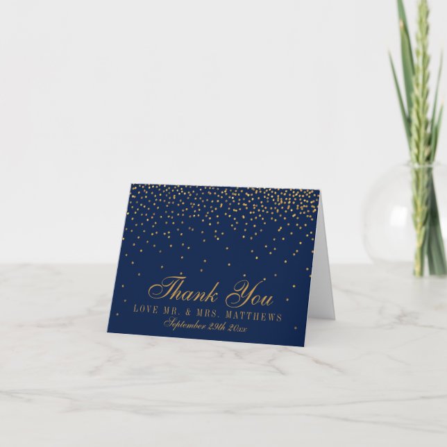 Navy Blue & Glam Gold Confetti Wedding Vielen Dank Dankeskarte (Vorderseite)