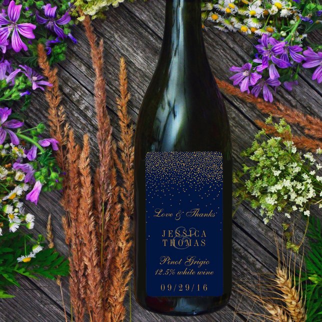 Navy Blue & Glam Gold Confetti Wedding Wein Flasch (Von Creator hochgeladen)