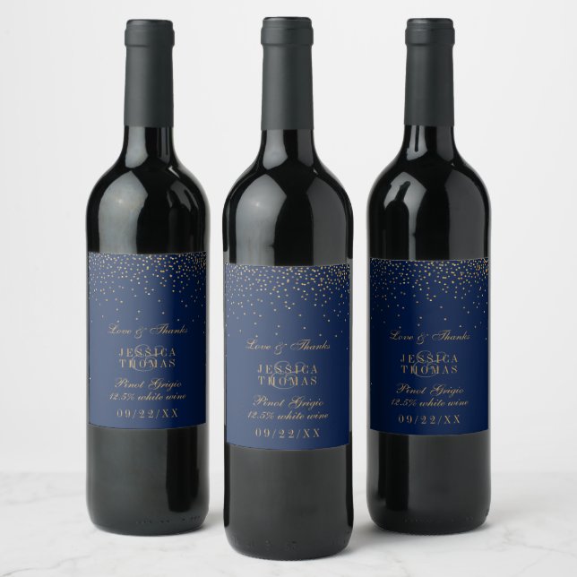 Navy Blue & Glam Gold Confetti Wedding Wein Flasch Weinetikett (Flaschen)