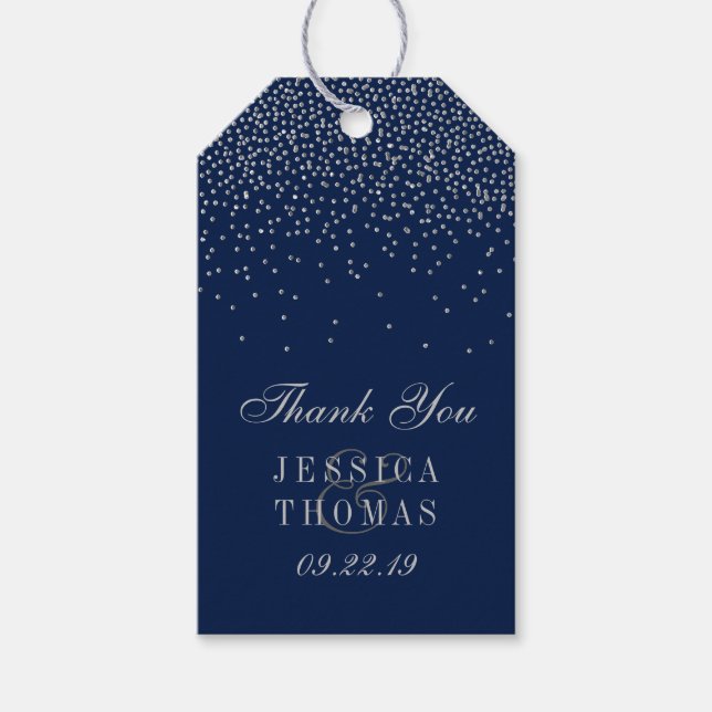 Navy Blue & Glam Silver Confetti Gastgeschenk Hoch Geschenkanhänger (Vorderseite)