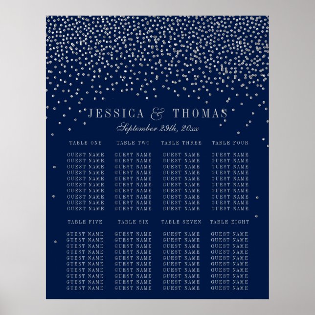 Navy Blue & Glam Silver Confetti Hochzeitssitze Poster (Vorne)
