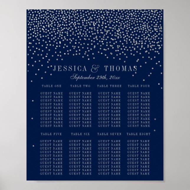 Navy Blue & Glam Silver Confetti Hochzeitssitze Poster (Vorne)