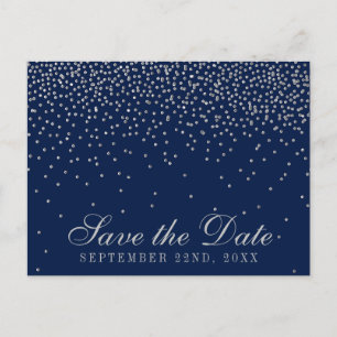 Navy Blue & Glam Silver Confetti Save the Date Ankündigungspostkarte