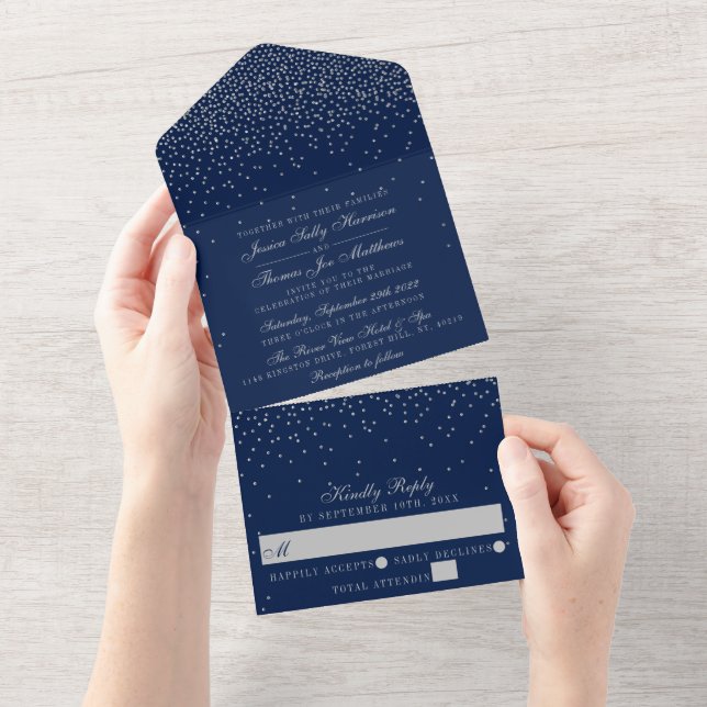 Navy Blue & Glam Silver Confetti Wedding All In One Einladung (Abreißen)
