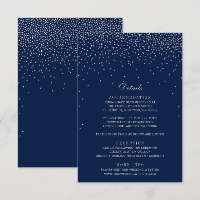 Navy Blue & Glam Silver Confetti Wedding Begleitkarte (Vorne/Hinten)