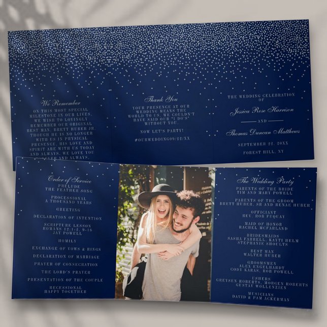 Navy Blue & Glam Silver Confetti Wedding Dreifach-gefaltete Programmkarte (Von Creator hochgeladen)