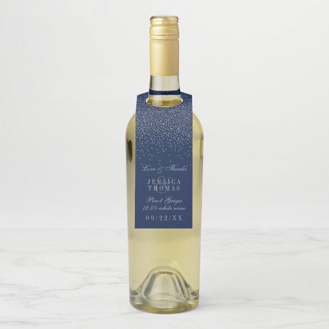 Navy Blue & Glam Silver Confetti Wedding Flaschenanhänger (Auf Flasche)