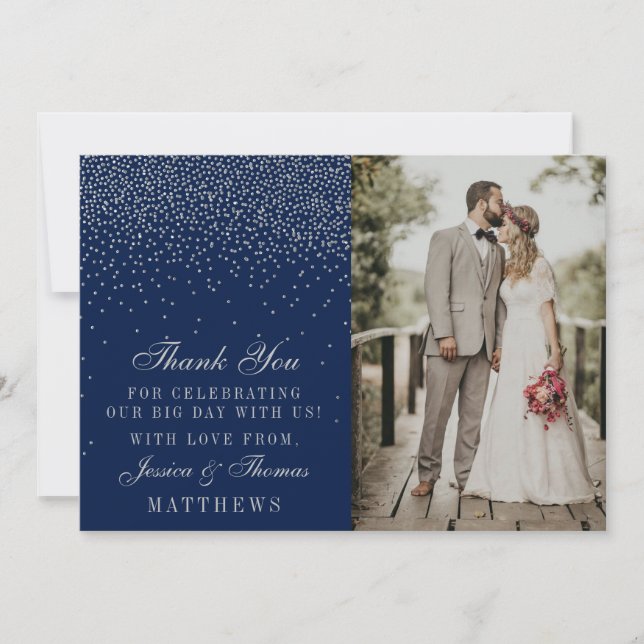 Navy Blue & Glam Silver Confetti Wedding Foto Dankeskarte (Vorderseite)