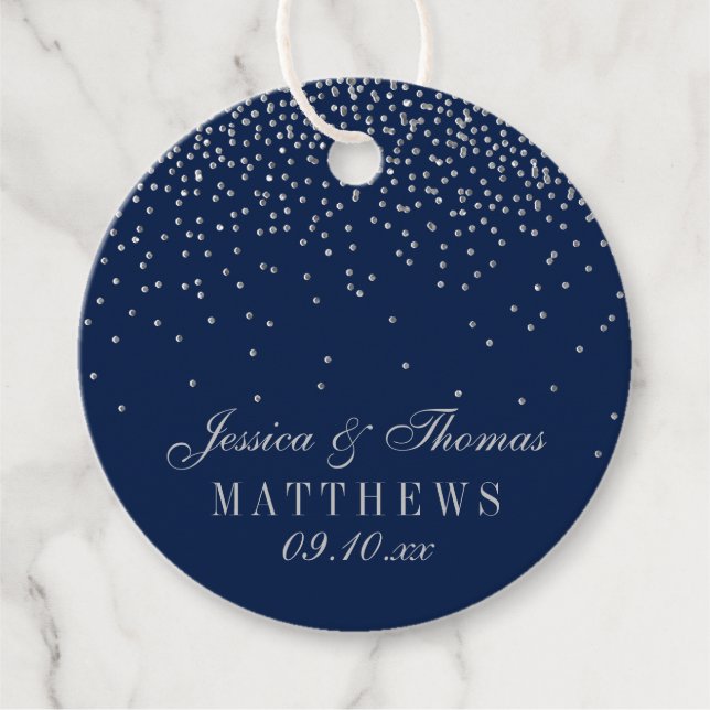 Navy Blue & Glam Silver Confetti Wedding Geschenkanhänger (Vorderseite)