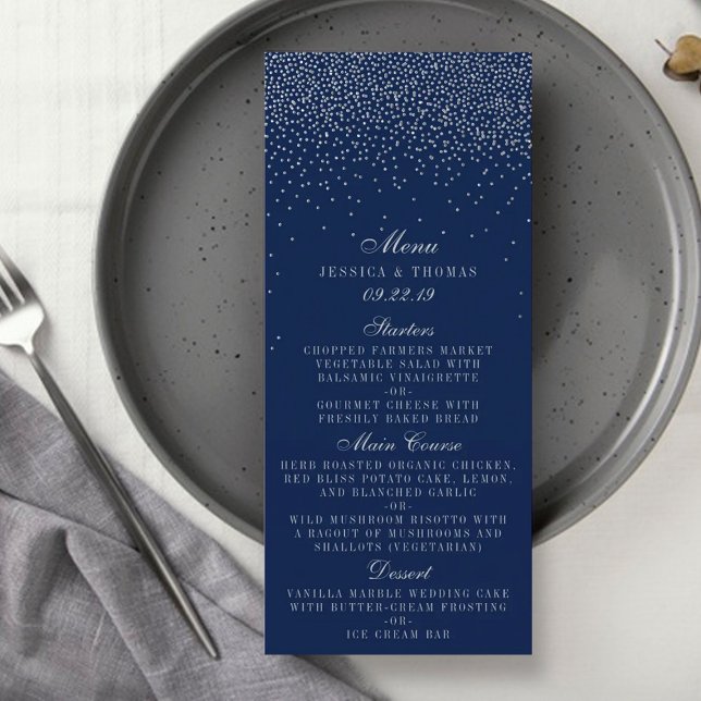 Navy Blue & Glam Silver Confetti Wedding Menu Menükarte (Von Creator hochgeladen)