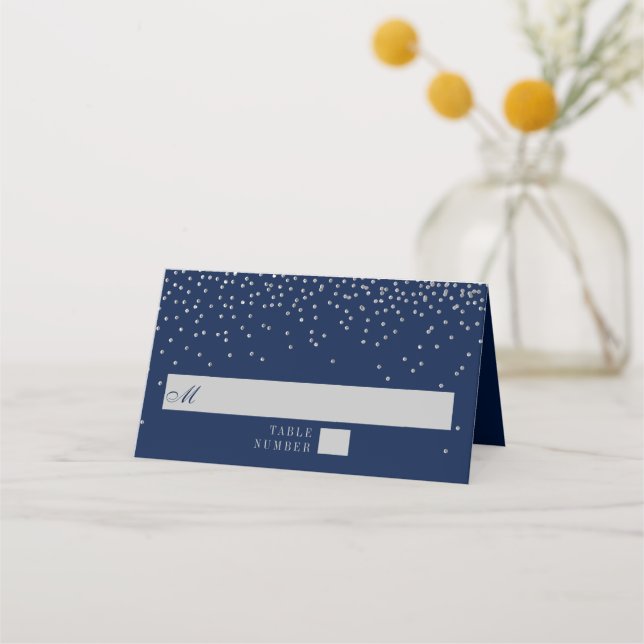 Navy Blue & Glam Silver Confetti Wedding Platzkarte (Vorderseite)